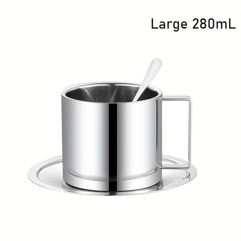 3pcs Stainless Steel European Coffee Cup Set with Spoons & Saucer