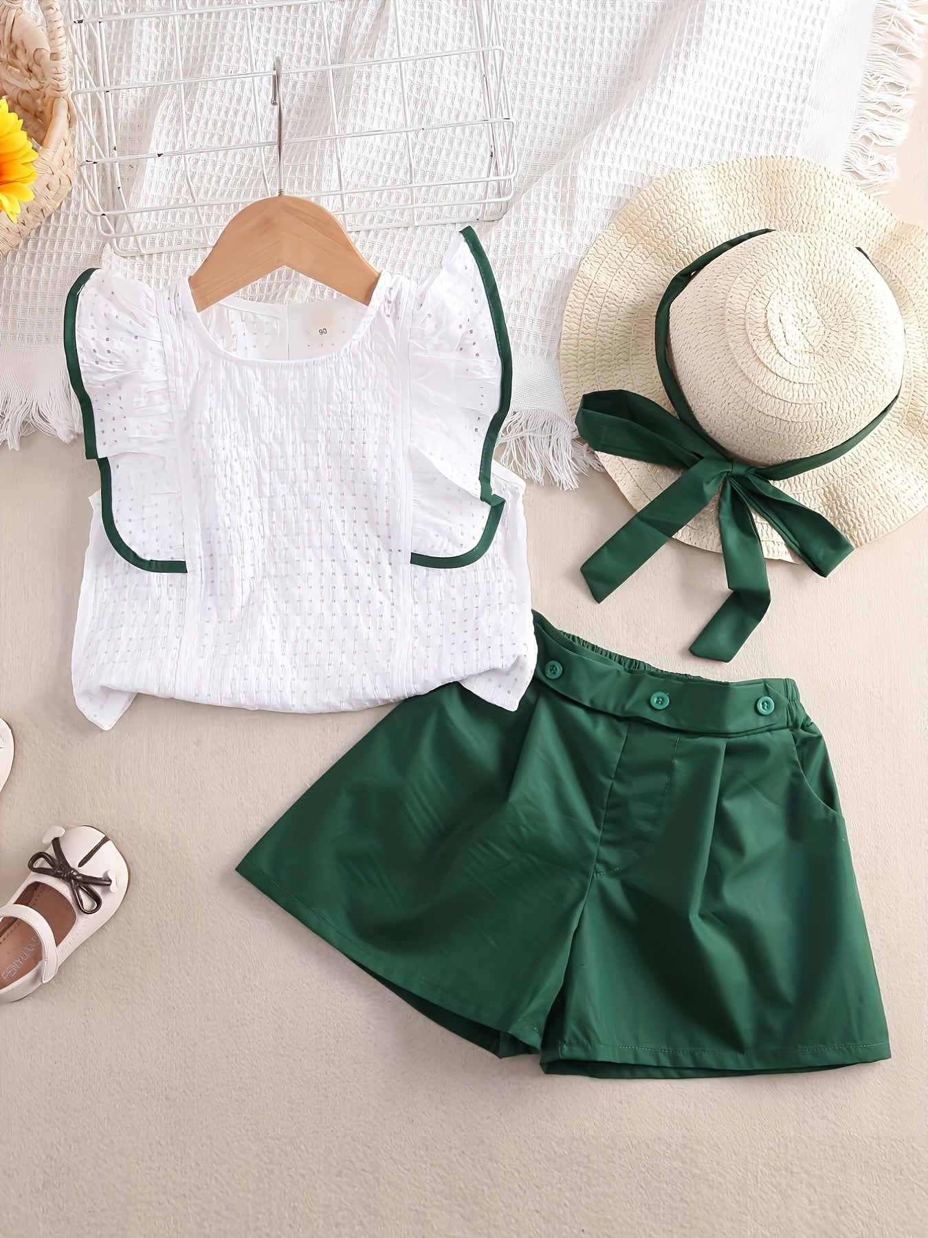 Girls' 2-Piece Cotton Outfit with Flounce Sleeve Top and Solid Shorts for Summer