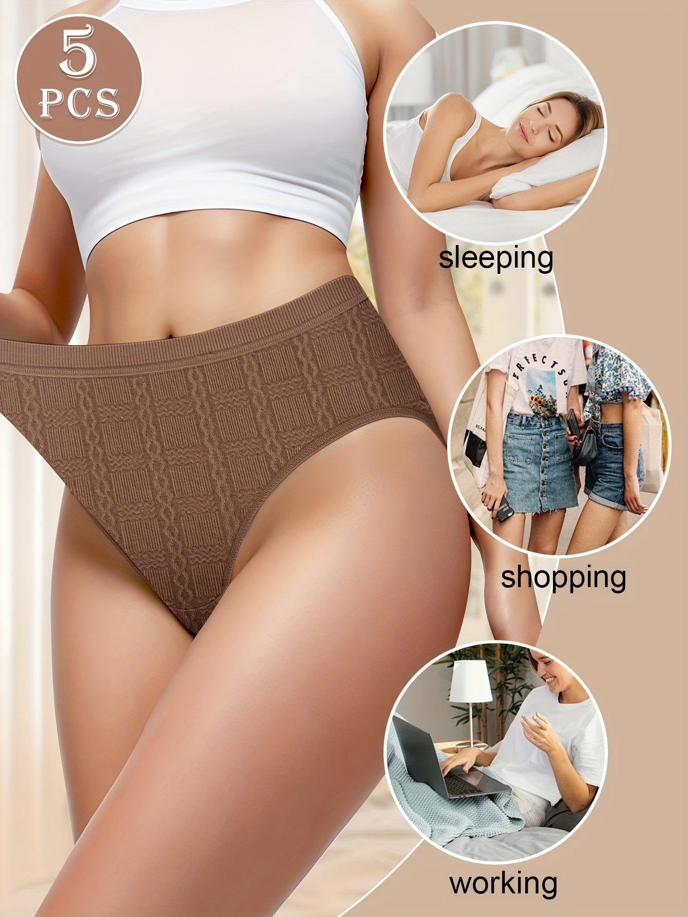 Pack de 5 braguitas de jacquard de talle medio para tallas grandes, cómodas y elegantes, de algodón y poliéster