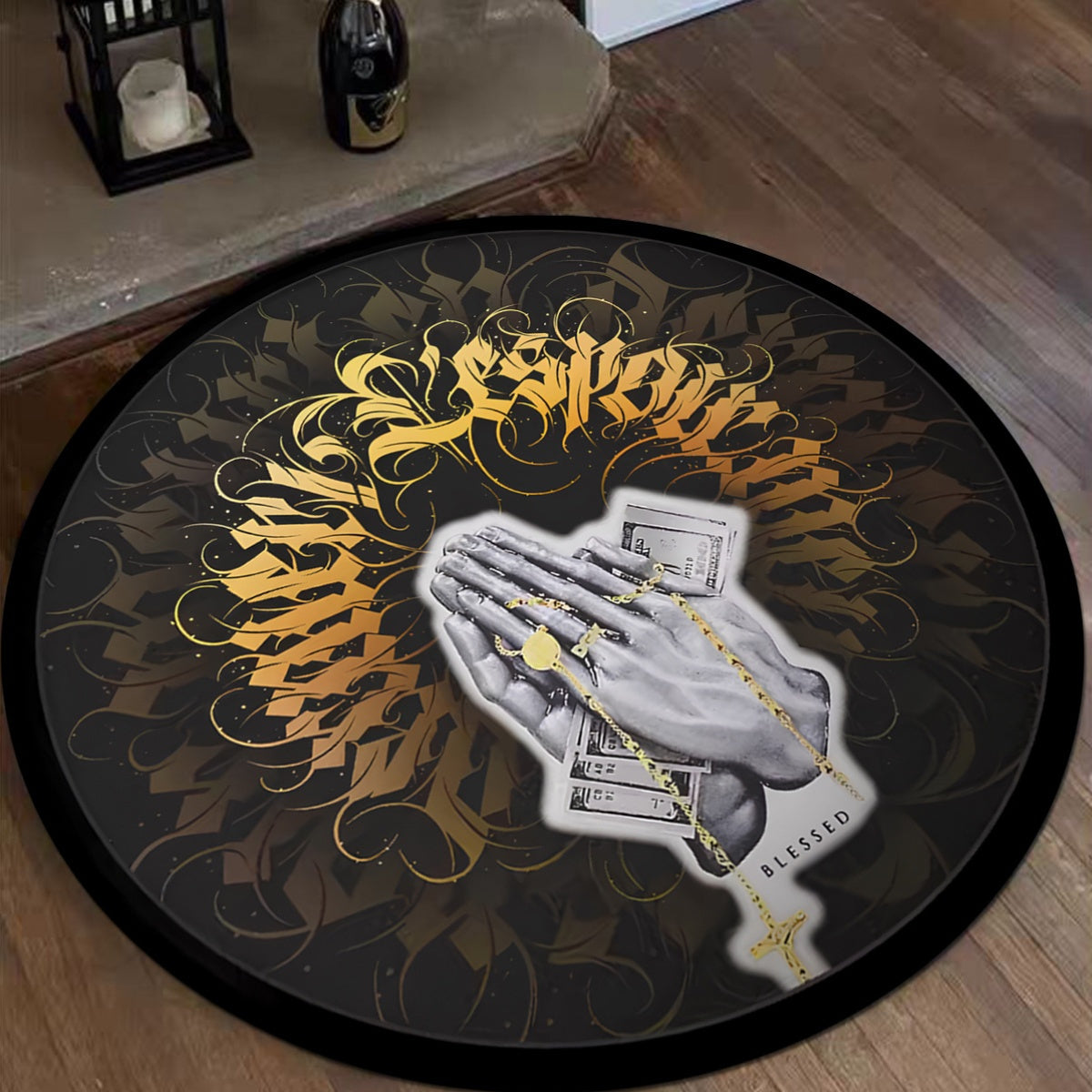 Round Velvet Rug Pad with Gold Gothic Font Non-Slip Entryway Doormat
