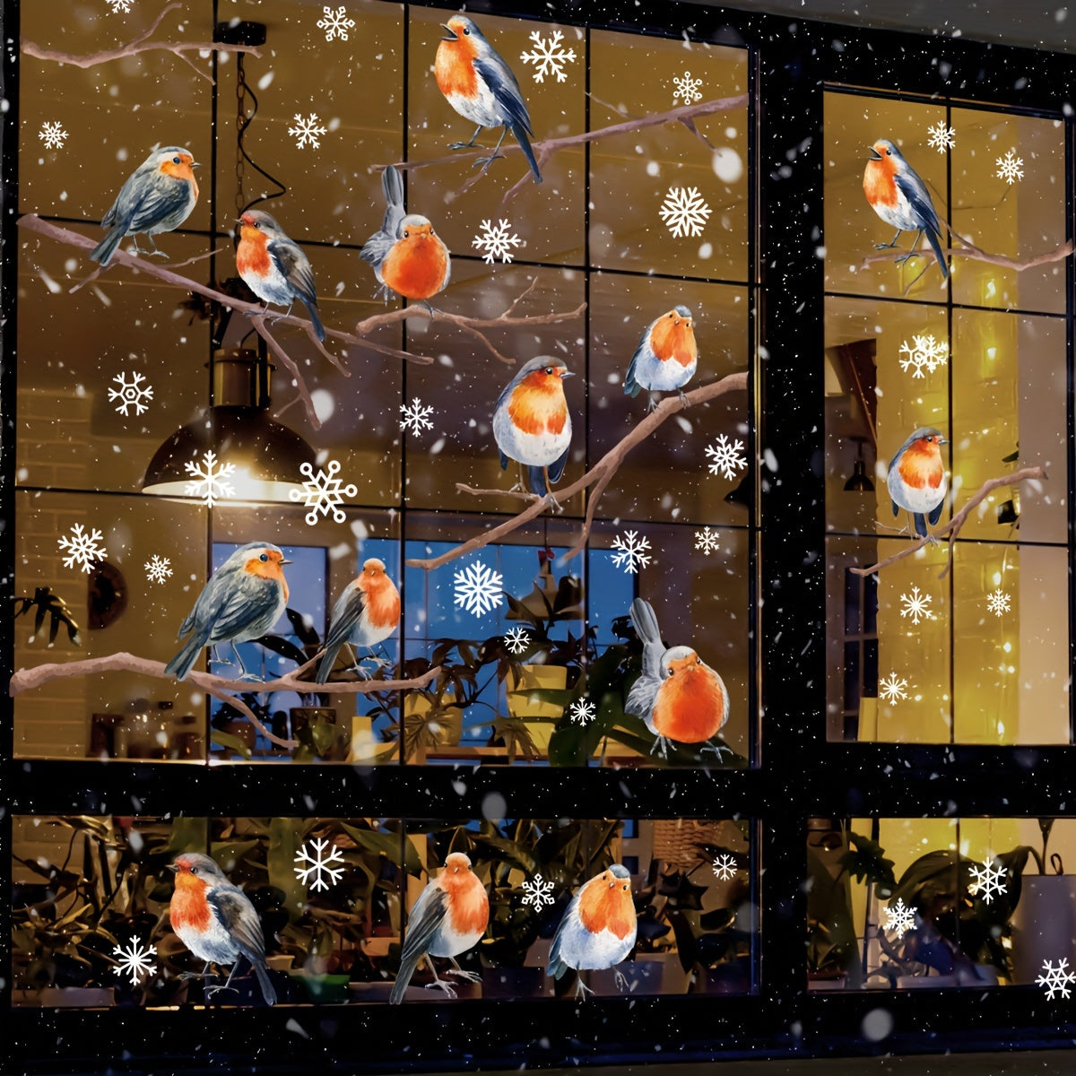 Large Snowflake Branch Birds Window Clings Set of 4 Electrostatic Stickers for Glass Winter Holiday Decorations