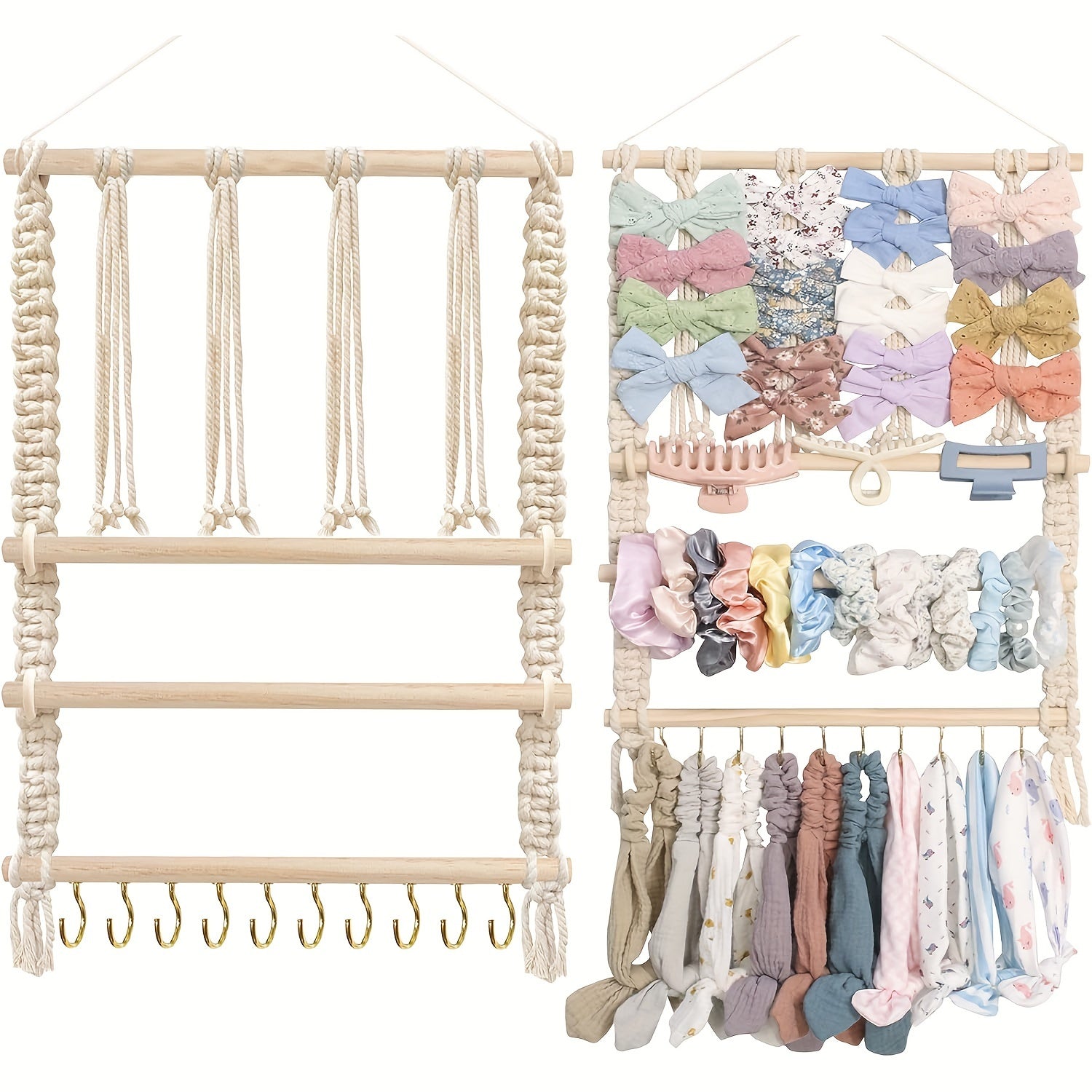 Bohemian Handwoven Macrame Headband Organizer with Wooden Bow for Girls Room Decor