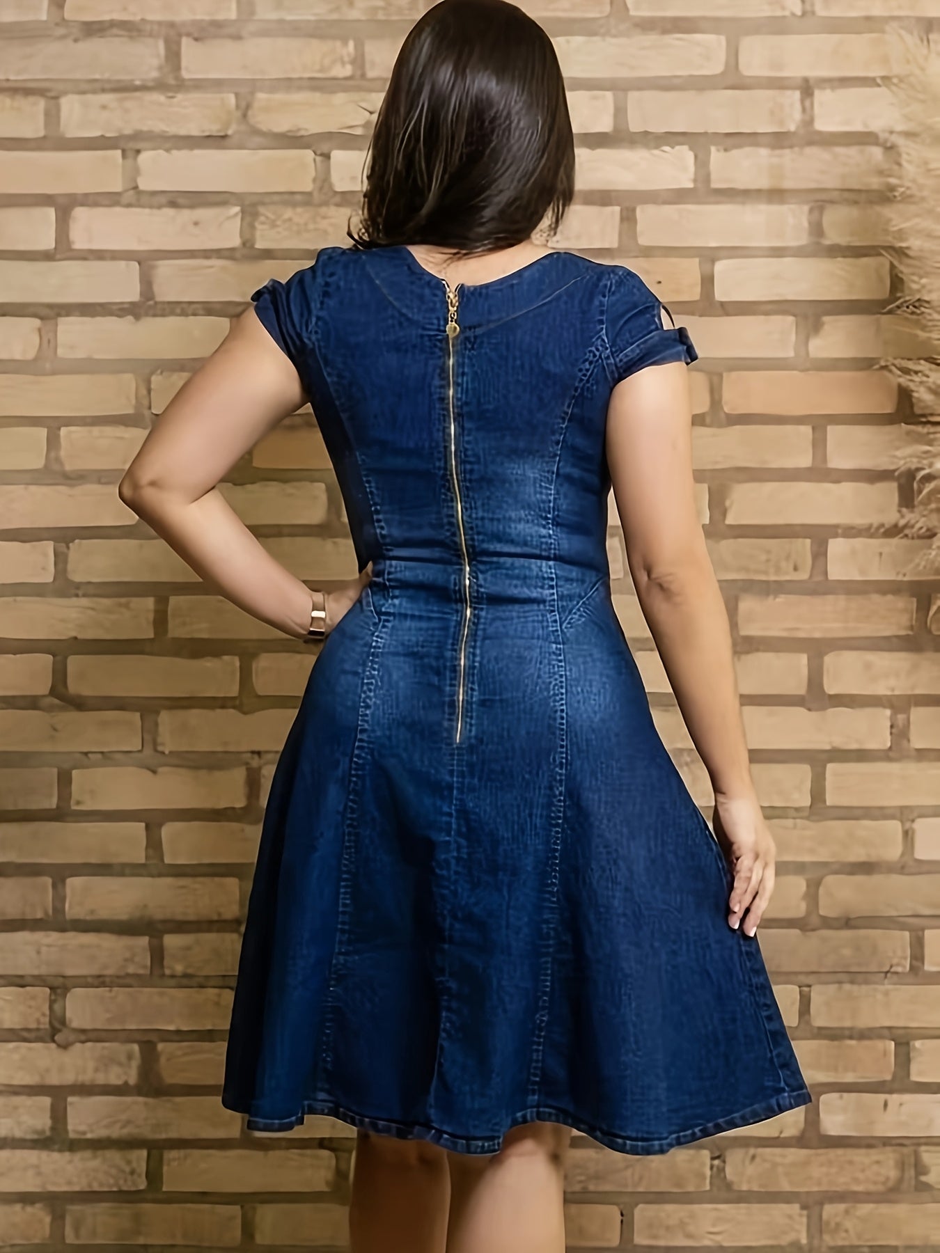 Vestido midi casual a formal para mujer de talla grande, azul marino elástico con escote cuadrado