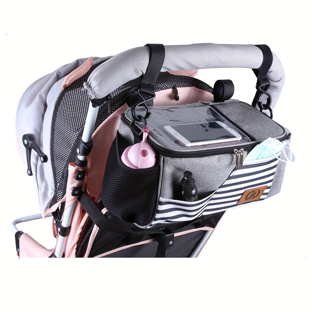 Bolsa organizadora para cochecito con portavasos, bolsillo con pantalla táctil, gran capacidad, almacenamiento para pañales