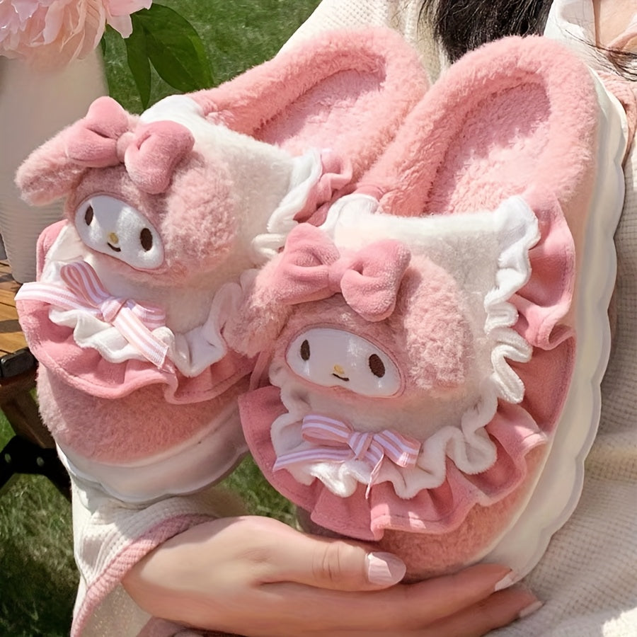 Женские плюшевые тапочки мягкие фиолетовые и черные домашние обувь с бантом и сердечком