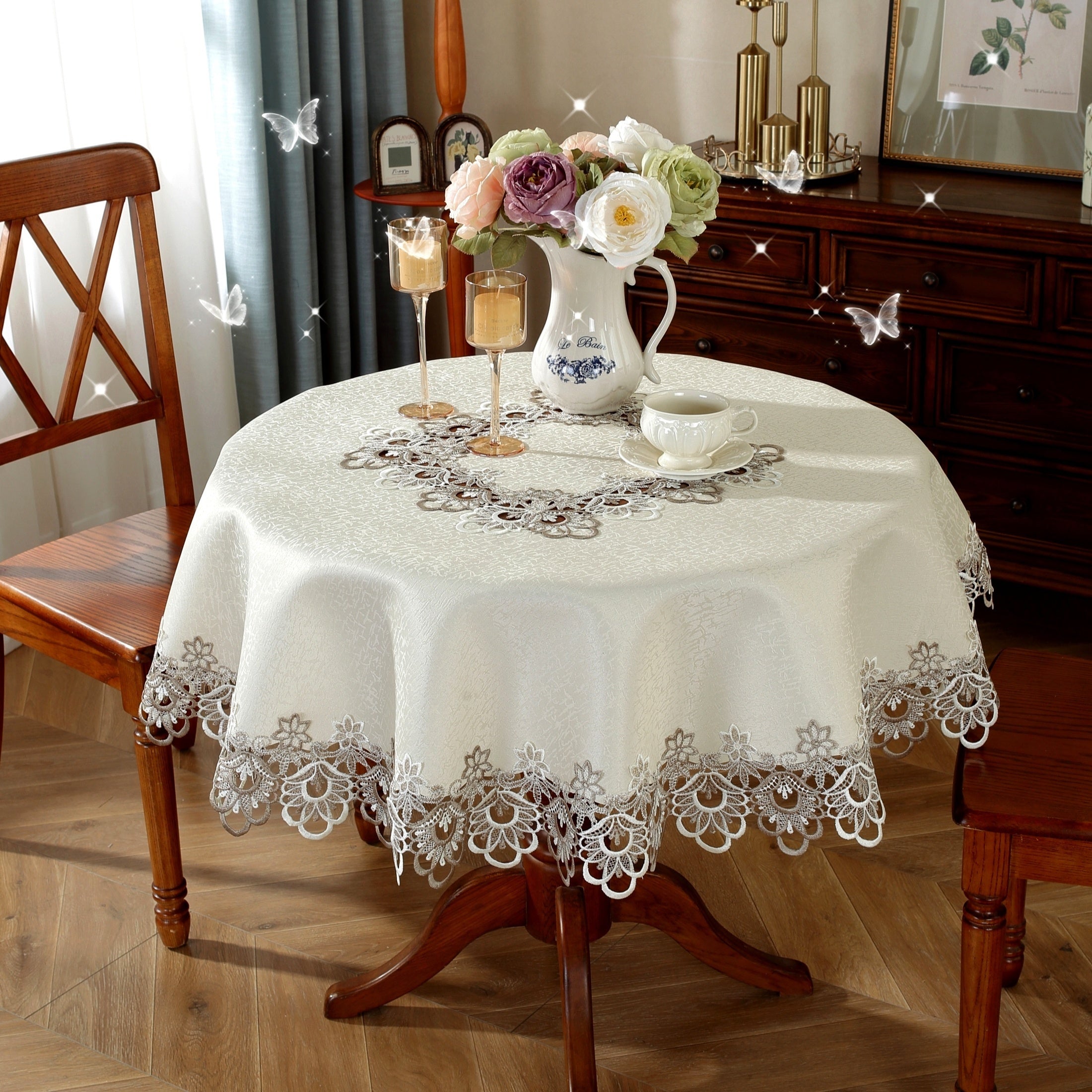 Polyester Round Tablecloth with Lace Border for Weddings and Events in Multiple Sizes