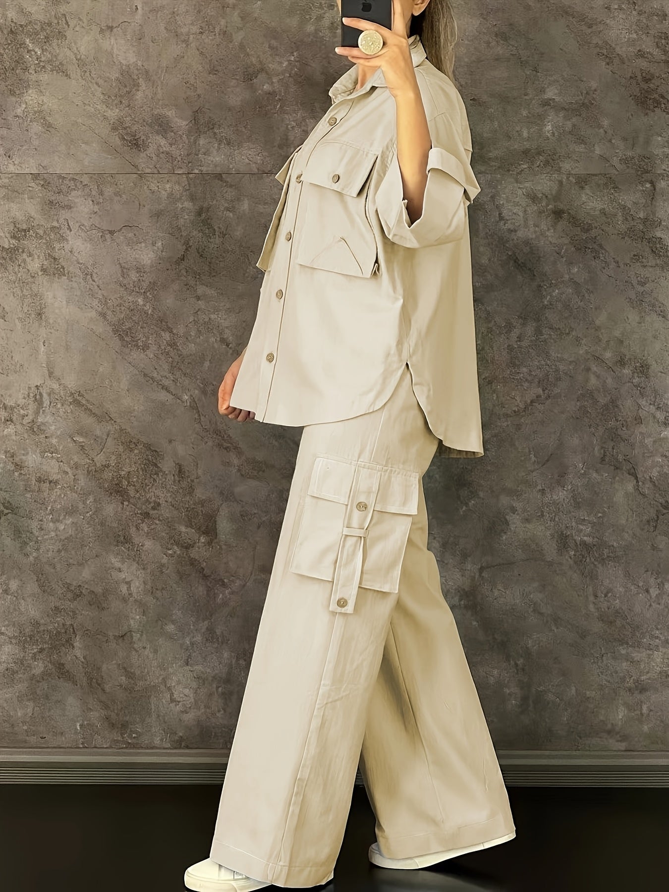 Pantalón conjunto casual de poliéster con grandes bolsillos y cuello de solapa para ropa de trabajo de primavera y otoño