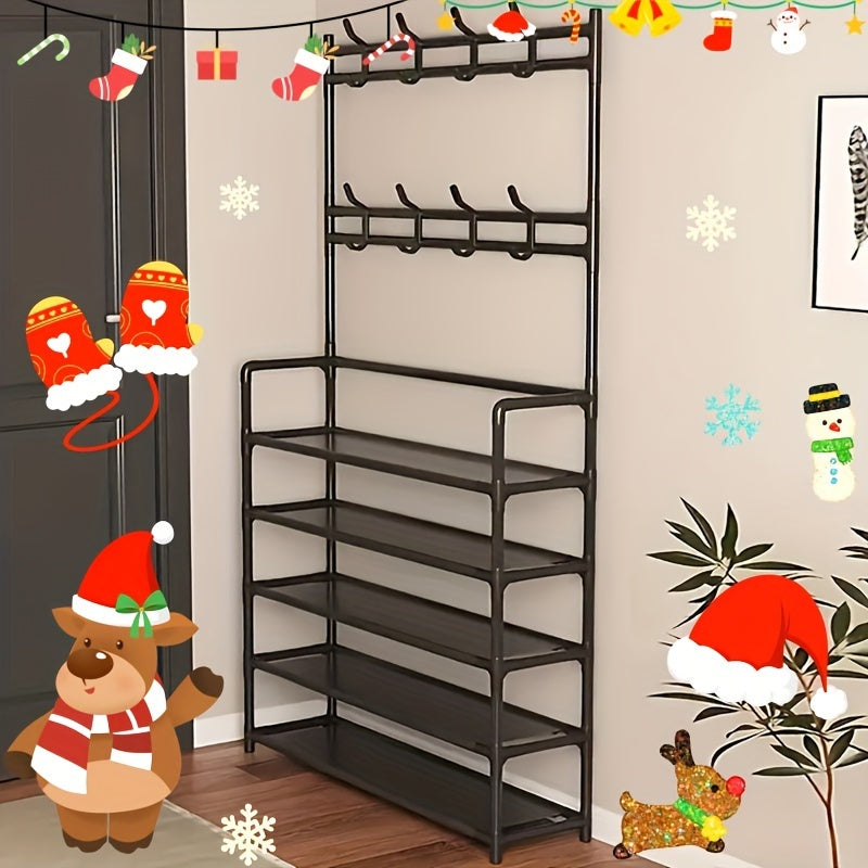 Multi-Functional Metal Shoe and Hat Rack with 8 Hooks for Entryway and Living Room Organization