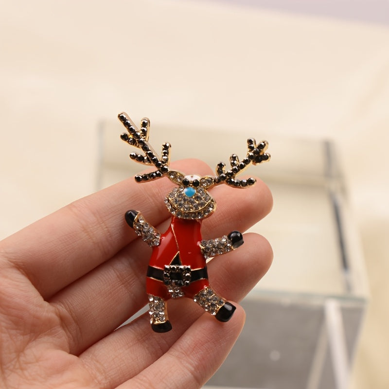 Enamel Reindeer Brooch Pin with Rhinestones for Christmas Party Accessories