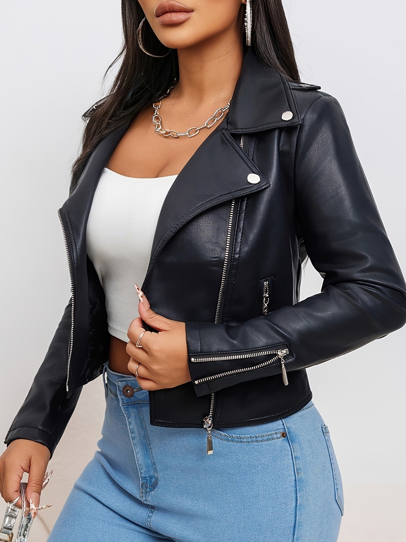 Women's Faux Leather Biker Jacket Slim Fit Solid Color Zipper Front Long Sleeve Spring Autumn