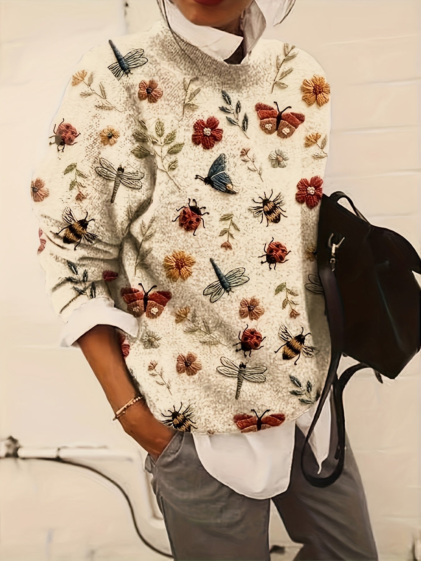 Women's Floral Butterfly Pattern Sweater Thick Knit Plus Size