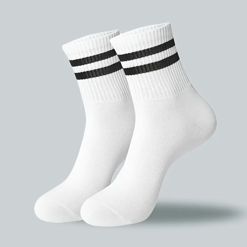 Men and Women Dual-Striped Long Socks Breathable Polyester Knit Black White