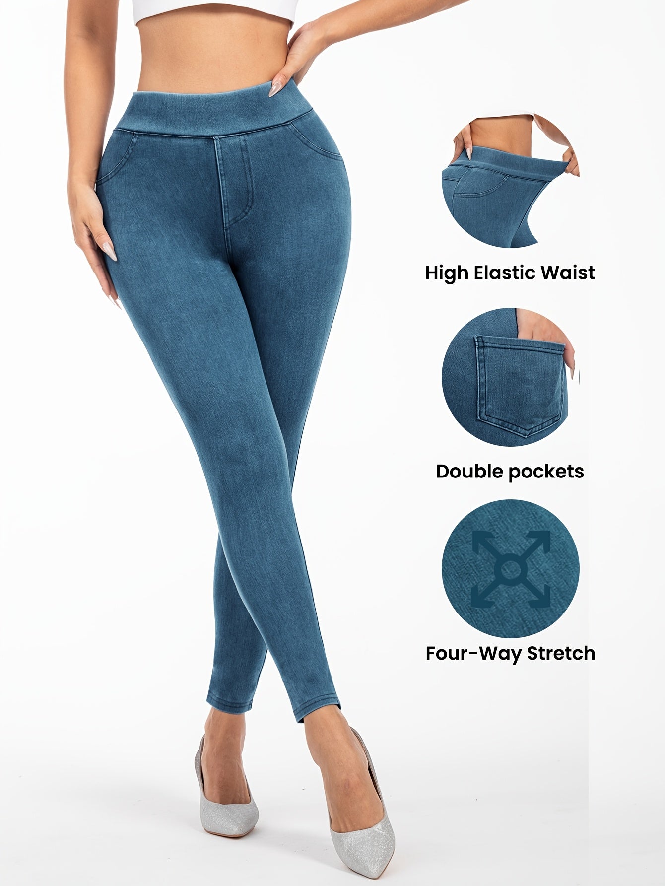 Women's High-Waist Faux Denim Jeggings with Pockets and Elastic Band in Solid Color