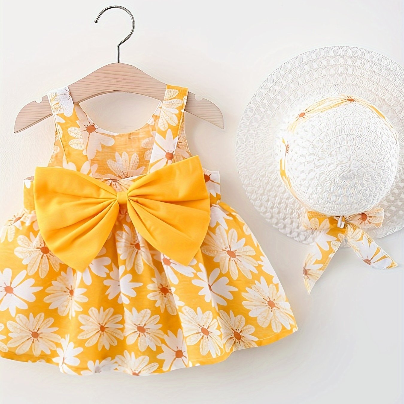 Baby Girls Summer Dress with Flower Print and Matching Hat Set
