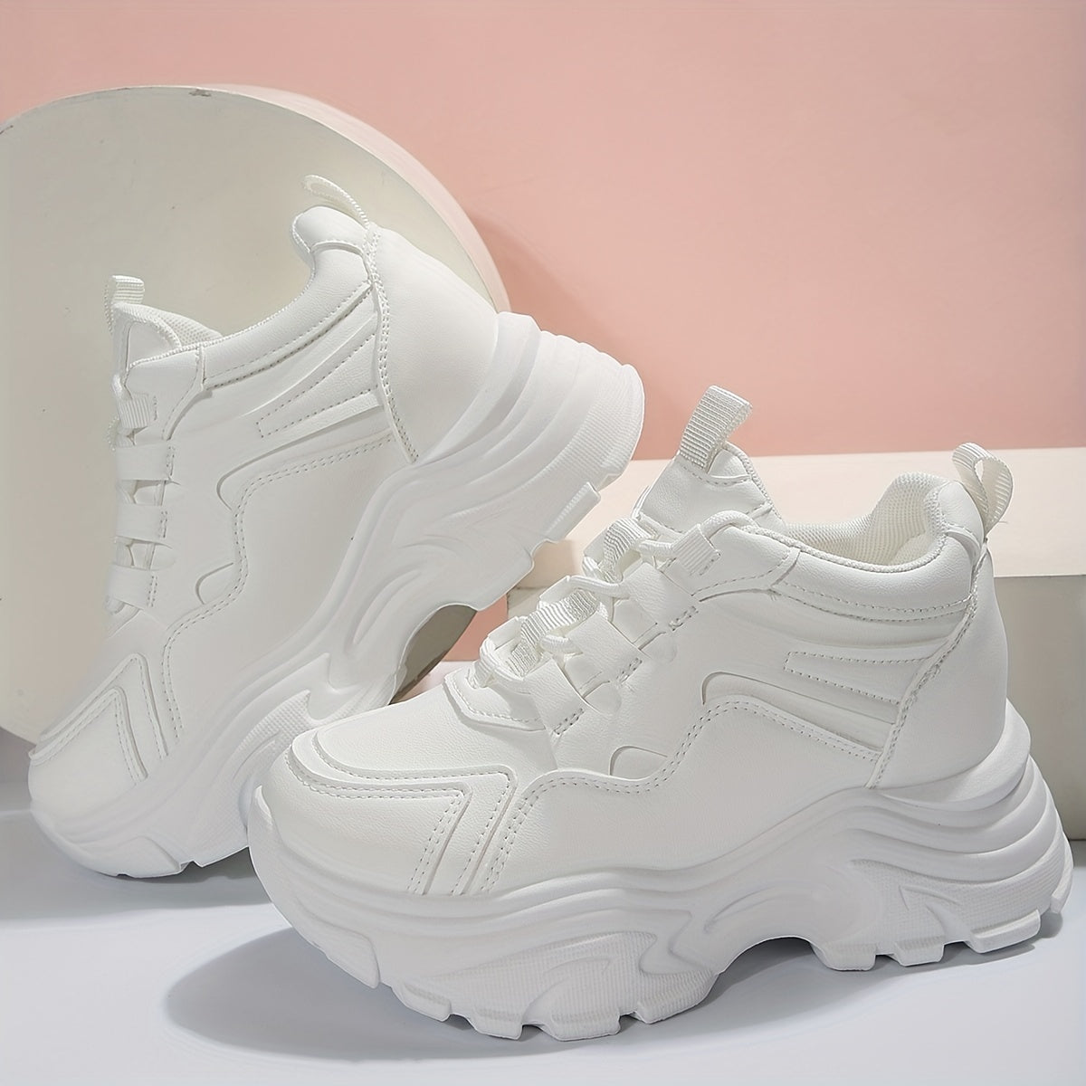 Women's White Platform Sneakers Casual Lace-Up Thick Sole All-Season