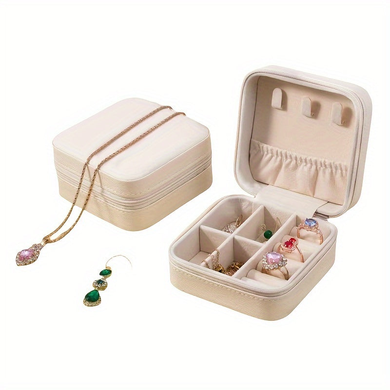 Faux Leather Jewelry Organizer Box for Travel with Compartments and Snap Closure