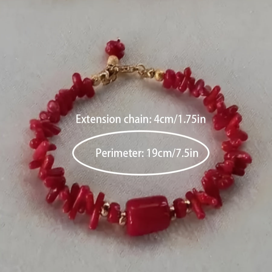 Women's Red Coral Boho Bracelet with December Birthstone and Toggle Clasp