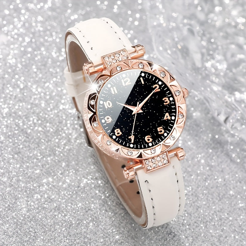 Women's Quartz Watch Set 3-Piece Round Dial PU Strap Elegant Gift
