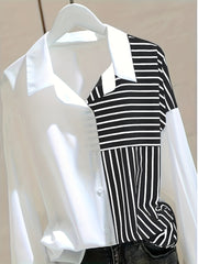 Women's White Loose-Fitting Shirt with Striped Patchwork for Spring and Autumn