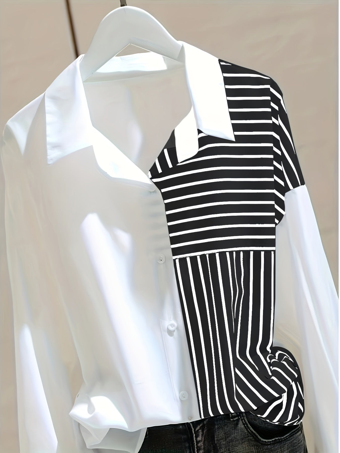Women's White Loose-Fitting Shirt with Striped Patchwork for Spring and Autumn