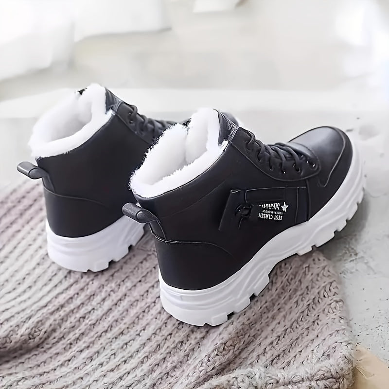 Women's Plush-Lined Platform Ankle Boots Winter Warm High-Top Sneakers Black/White