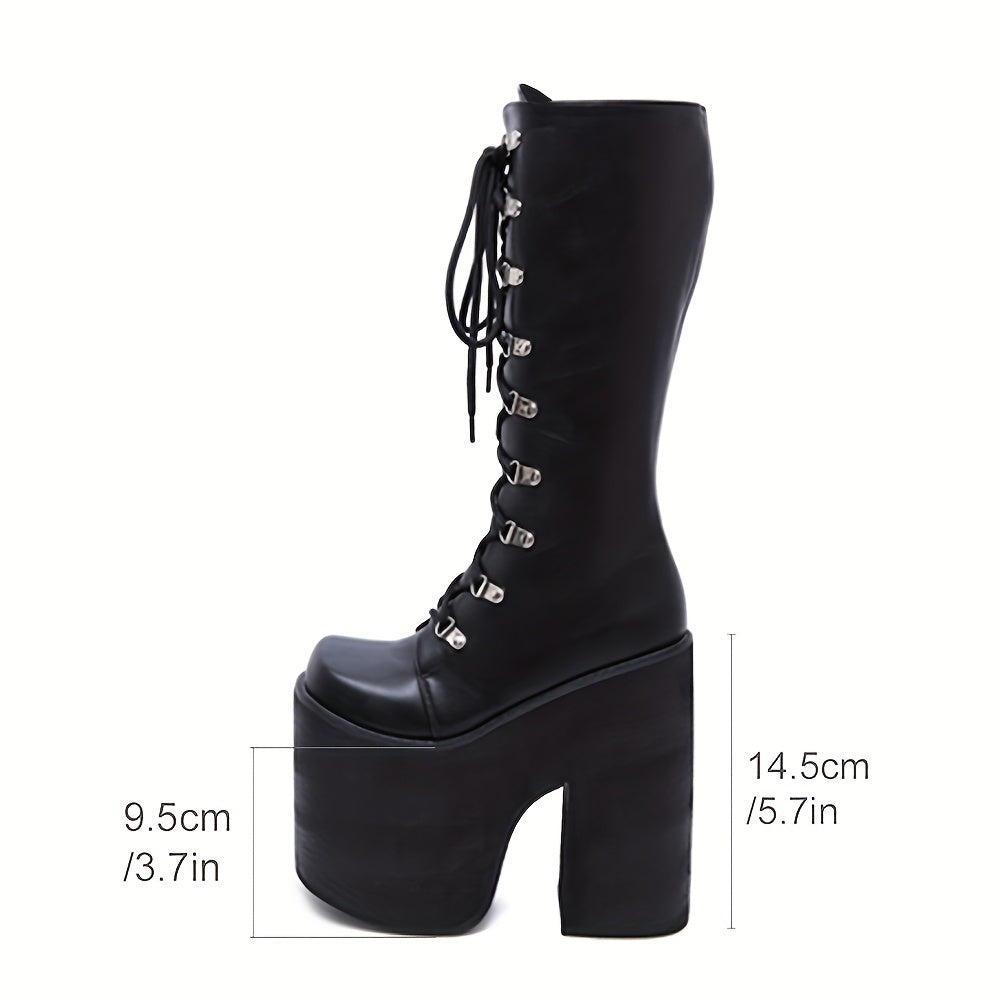 Women's Black Y2K Side Zipper Platform Long Boots with Lace Up