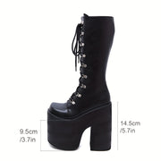 Women's Black Y2K Side Zipper Platform Long Boots with Lace Up