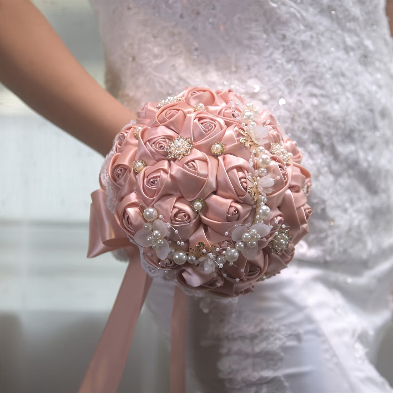 Satin Rose Wedding Bouquet Handcrafted Bridal Wrist Corsage Blue White for Bridesmaids and Events