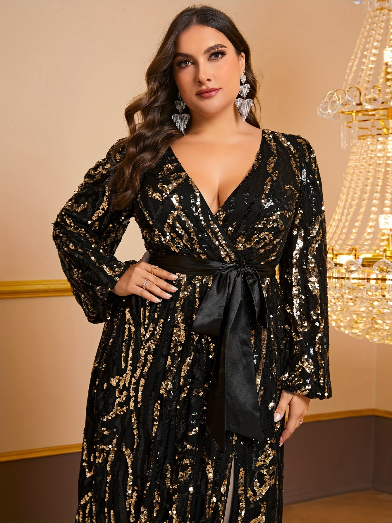 Plus Size Sequin Belted Prom Dress V-Neck Long Sleeve Evening Gown