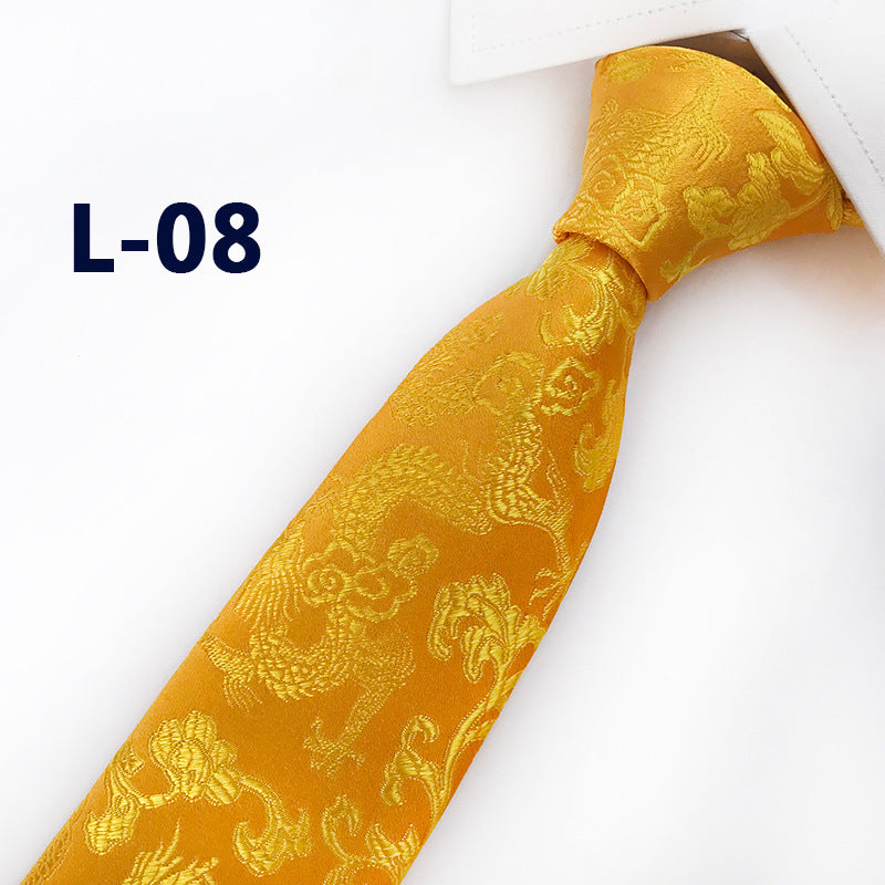 Men's Silk Tie with Hand-Embroidered Chinese Dragon and Peony Design