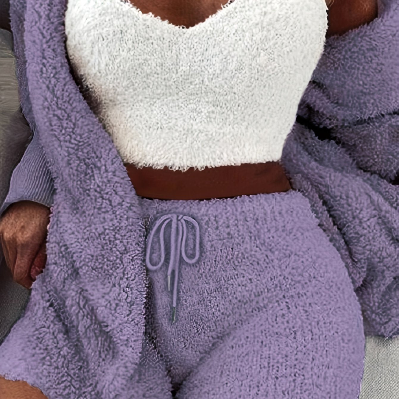 Women's Polyester Pajama Set with Long Sleeve Hooded Robe Tank Top and Drawstring Shorts