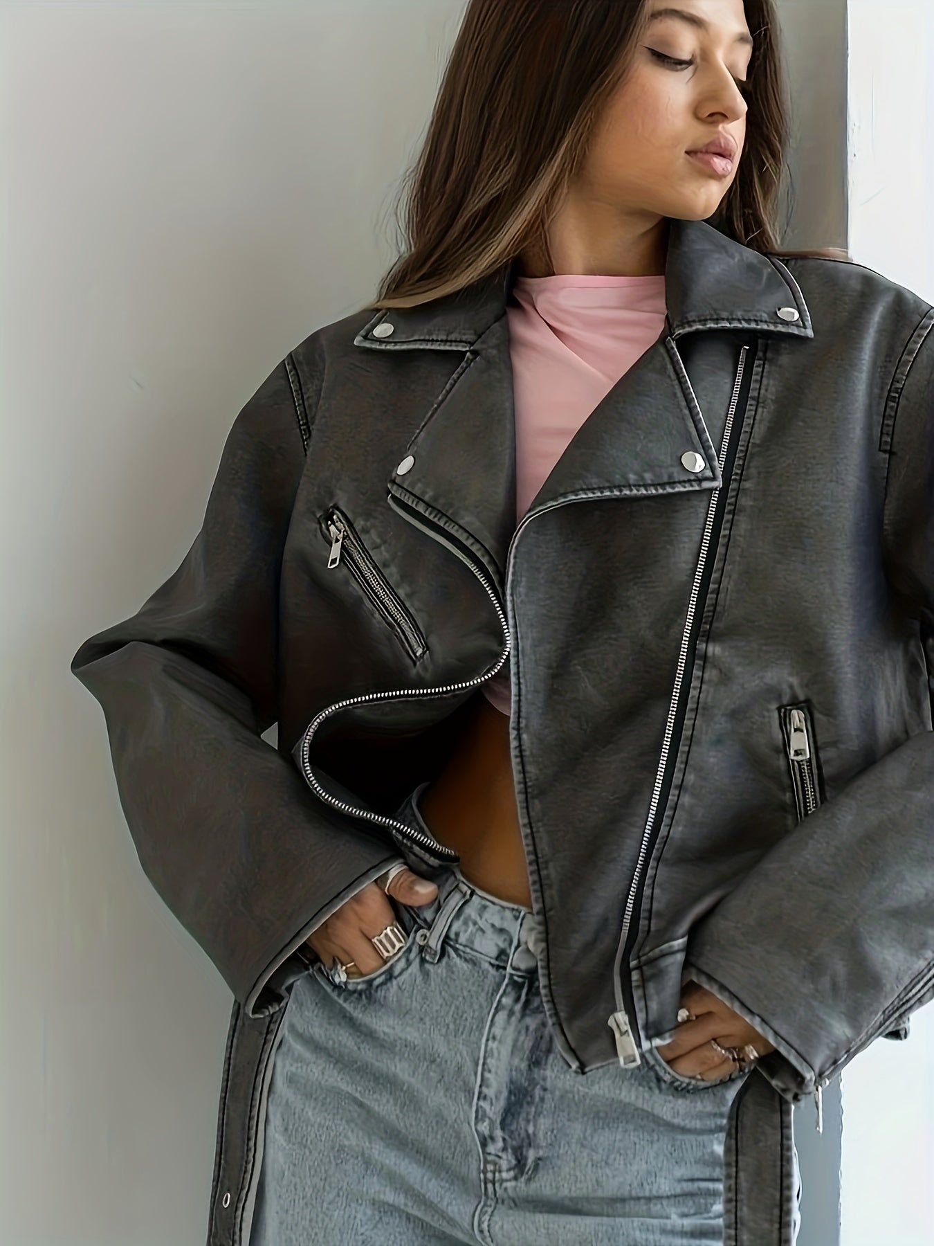 Women's Vintage Biker Jacket with Belted Lapel and Zipper Pockets