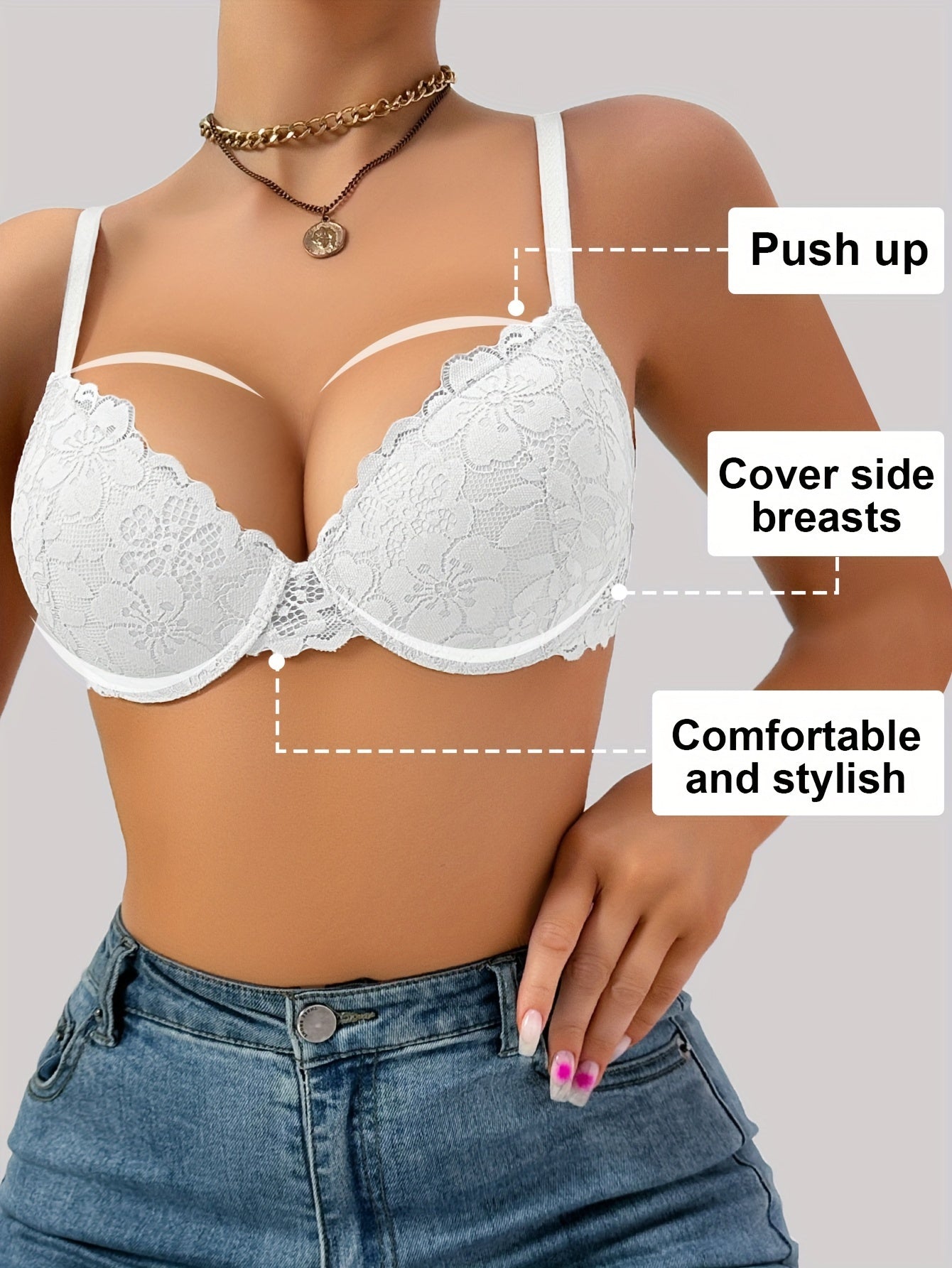 Lace Push-Up Bra Underwire Support Non-Removable Pads Nylon Elastane Hand Wash