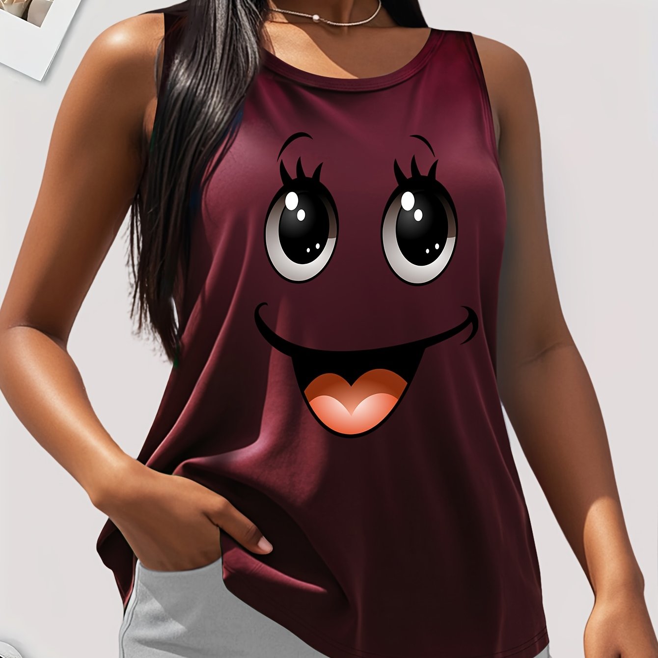 Plus Size Women's Cotton Tank Top With Smile Face Print Sleeveless Casual Summer Fashion