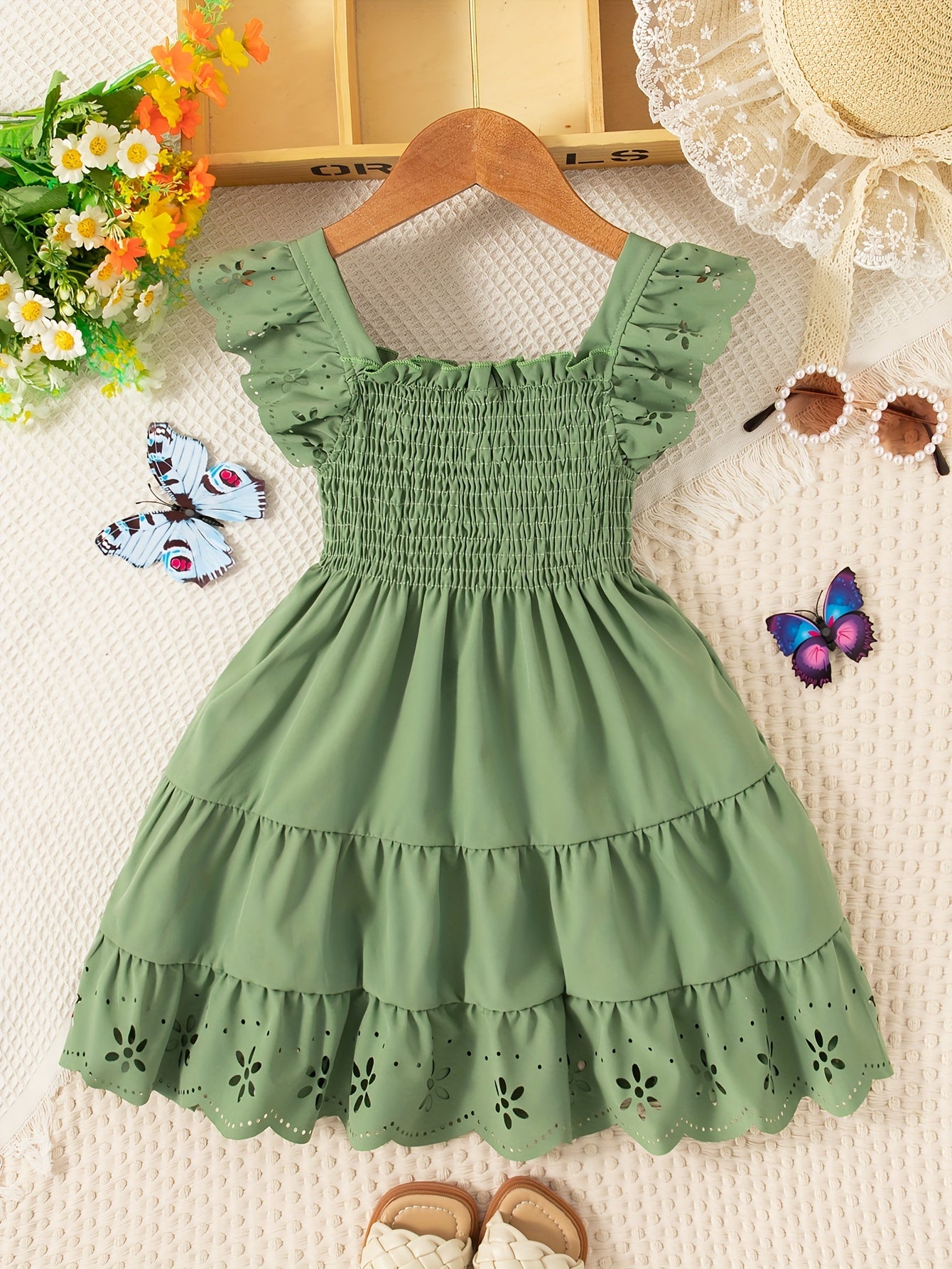 Girls Summer Solid Ruffle Sleeve Square Neck Knee High Dress