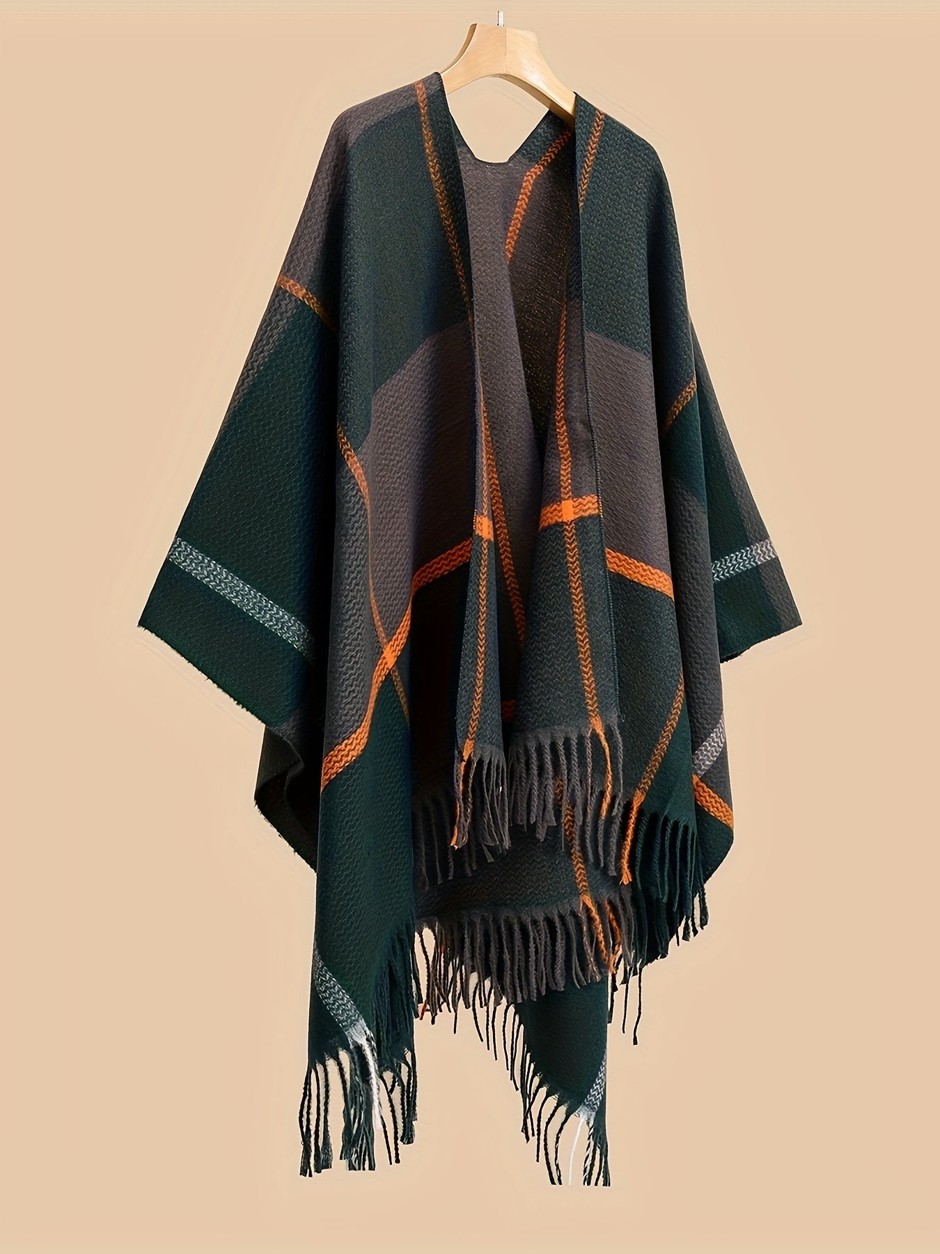 Plus Size Geometric Pattern Shawl Cardigan with Tassels V-Neck Asymmetrical Hem for Fall Winter Women