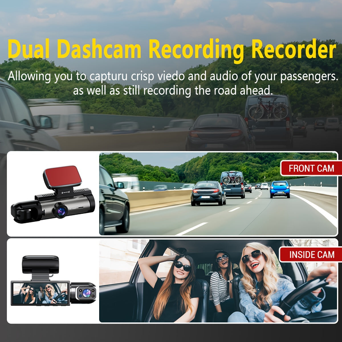 Dual-Channel 3.16-Inch Car Dash Cam Front and Interior Recording