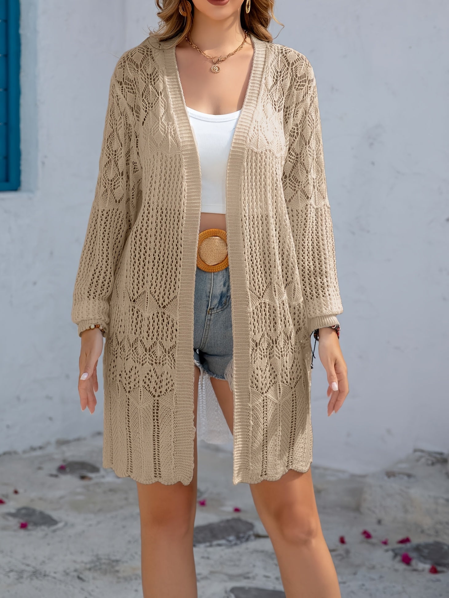 Women's White Lace Cardigan Floral Pattern Lightweight Long Sleeve Spring Summer Knit Cover-Up