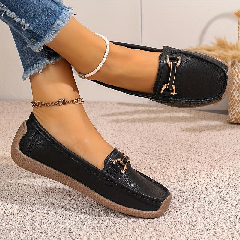Women Loafers Metal Buckle Slip-On Casual Shoes Non-Slip TPR Sole