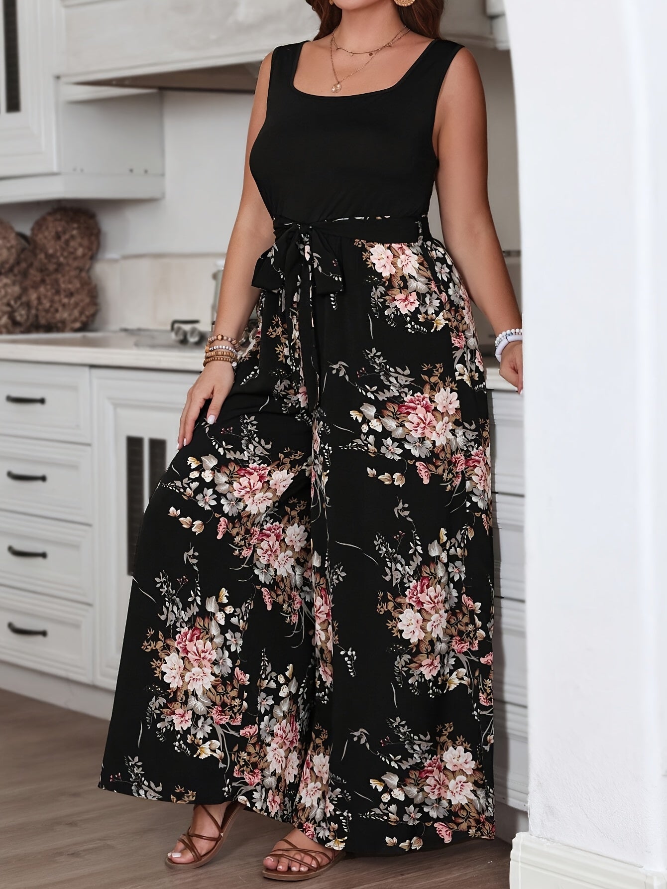 Women's Floral Print Sleeveless Dress with Adjustable Waist Black Casual Style