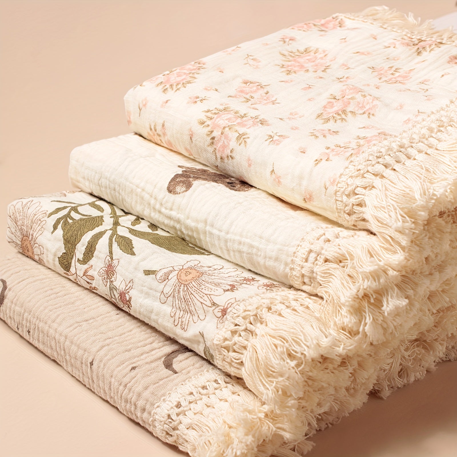 Children's Cotton Blanket with Tassel Edges Animal Print for Baby Stroller and Windproof Use