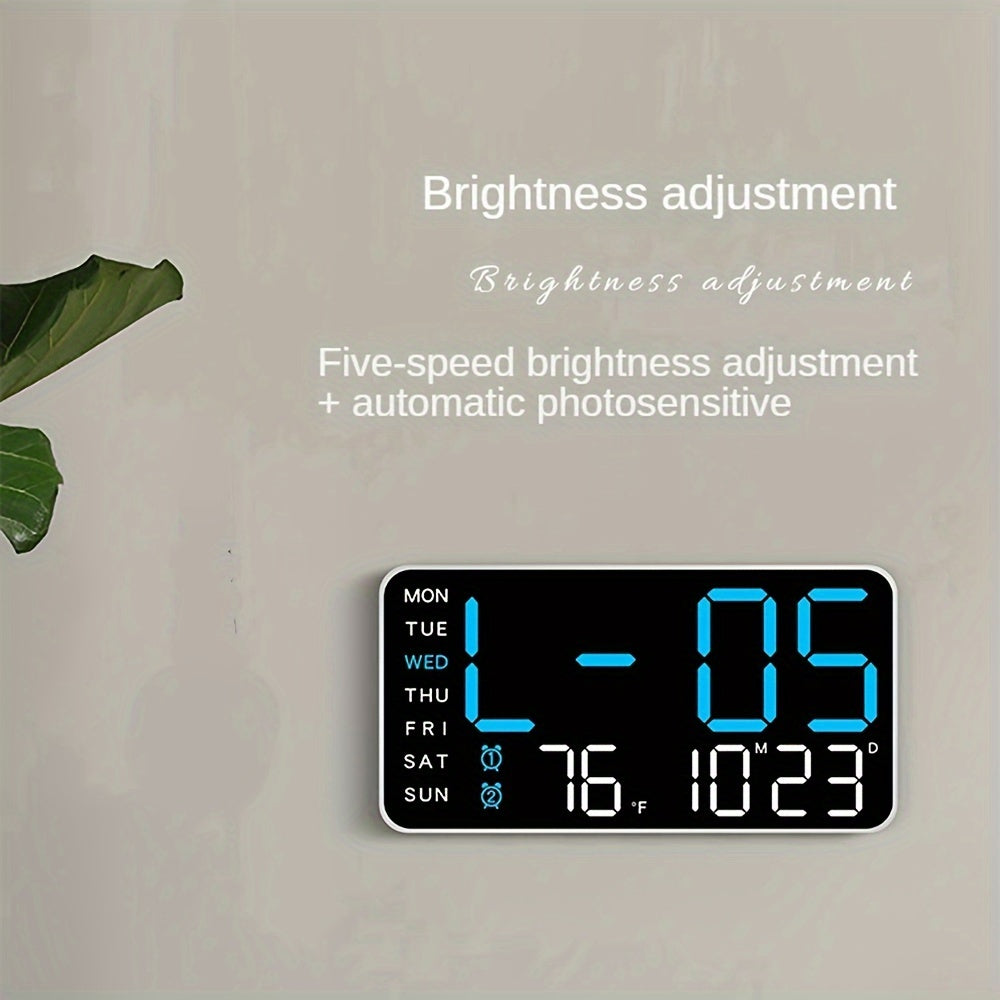 Large Digital Wall Clock with Calendar Temperature Voice Activation Adjustable Brightness and Chime in White Plastic