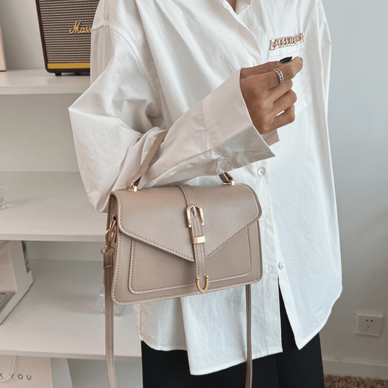 White PU Crossbody Bag with Buckle Closure and Metallic Accents for Women