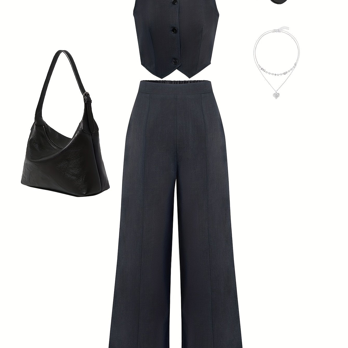 Ayollar uchun zamonaviy ikki qismli to'plam, tugma tafsilotlari bilan v-yuvalangan kesilgan vest top va yuqori belli kostyum shimlarini o'z ichiga oladi. 97% polyester va 3% elastan materialidan tayyorlangan, biroz cho'ziluvchan. Ideal for