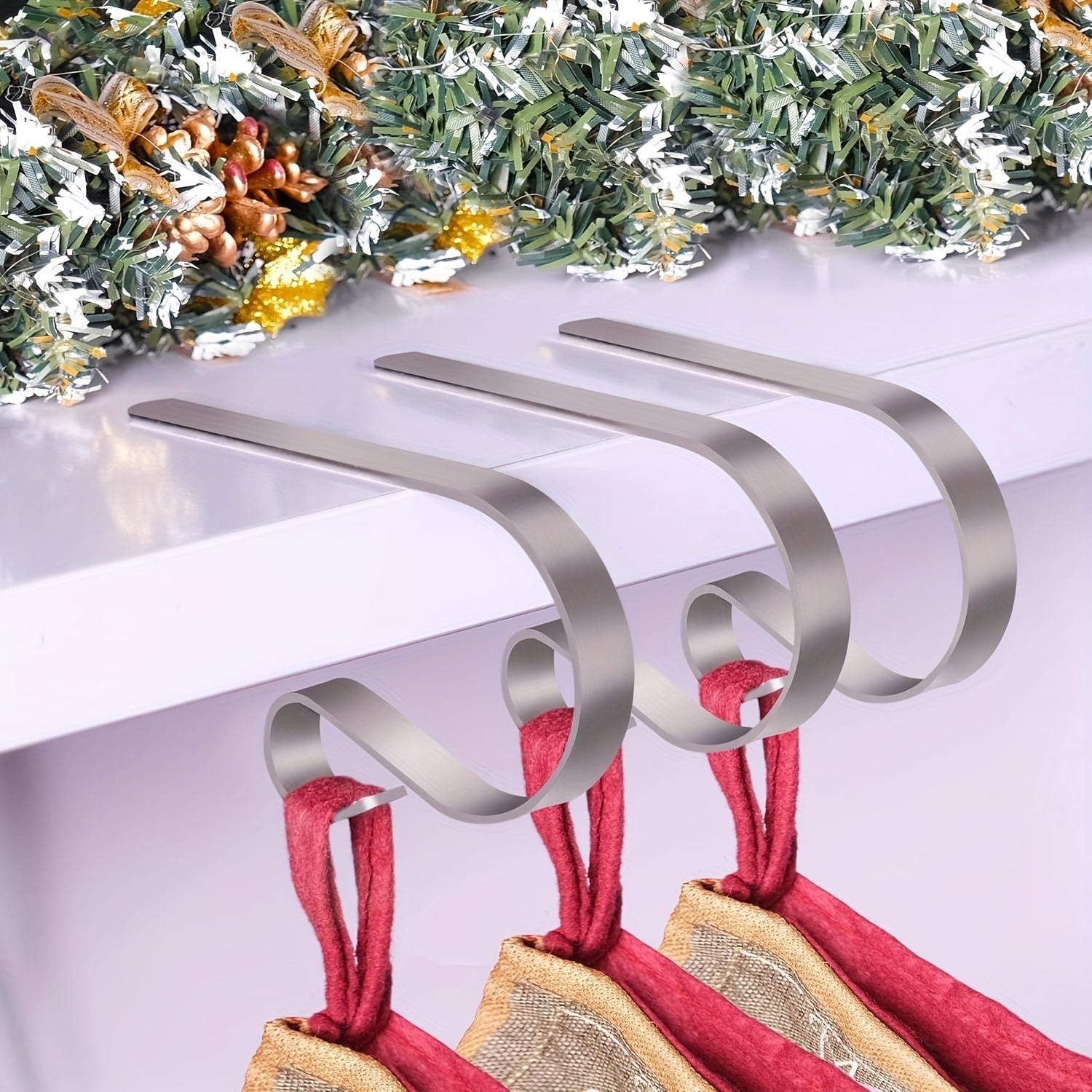 4-Piece Silver Christmas Stocking Holders Fireplace Hooks Party Decorations