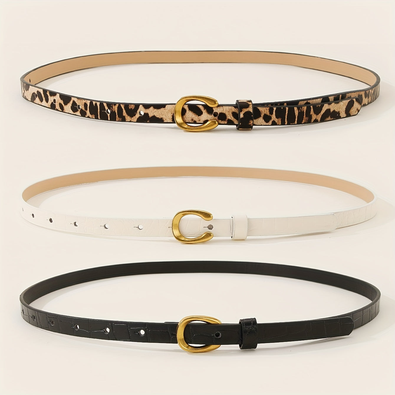 Set of 3 Leopard and Letter Print Women's Belts with U-Shaped Alloy Buckle