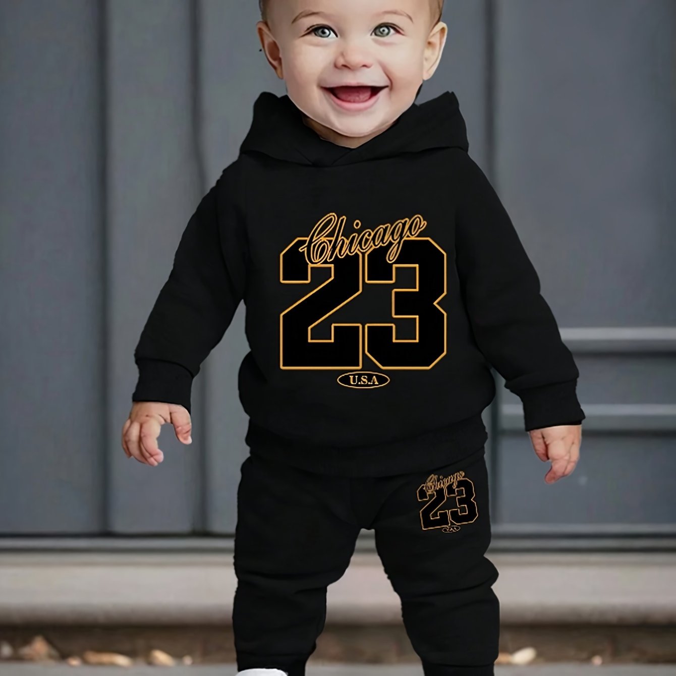 Baby Boy Hoodie Set with Chicago 23 Print Long Sleeve Sweatshirt and Pants for Fall Winter Outdoor Play