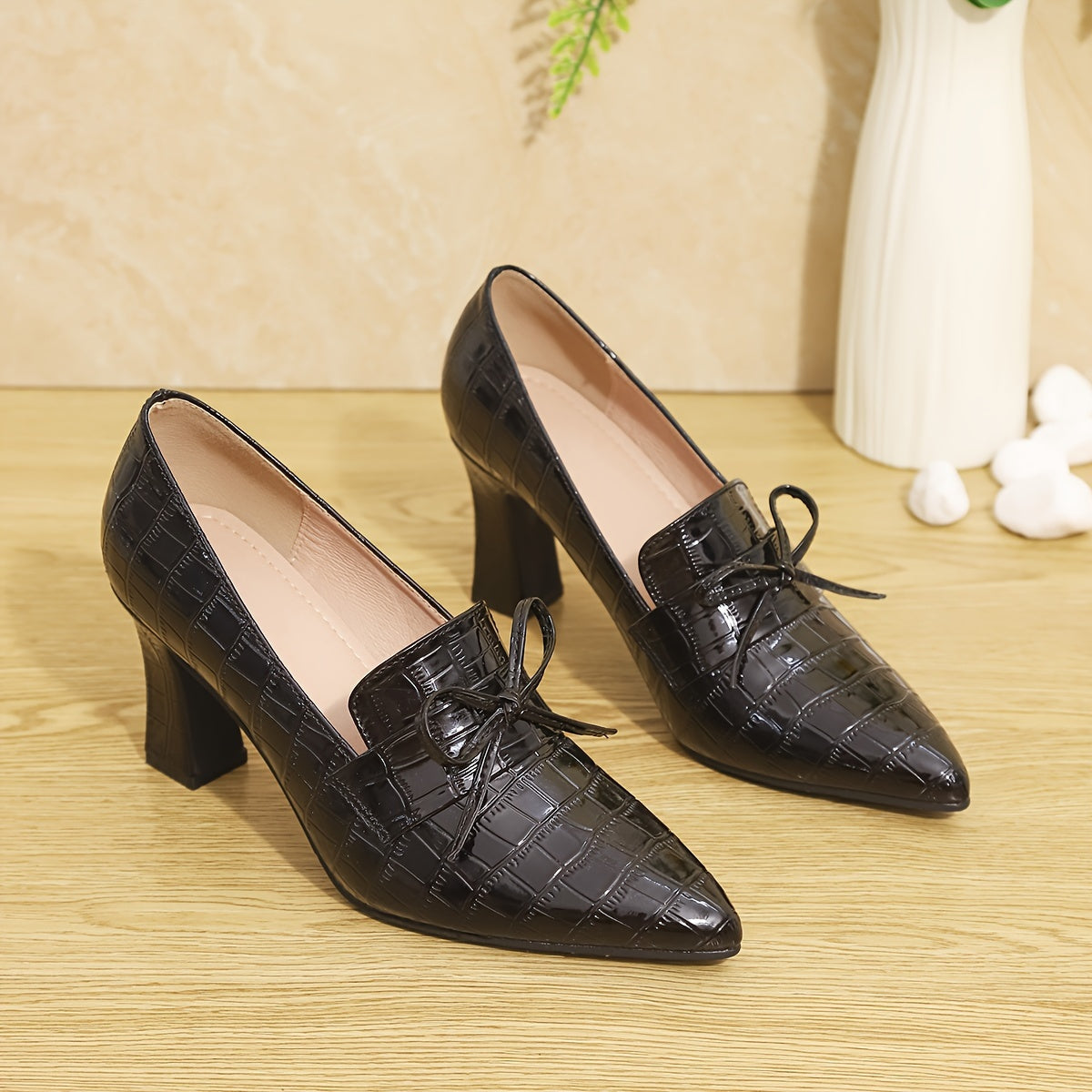 Women's Mary Jane Pumps Pointed Toe Bow Embellished Block Heel Shoes