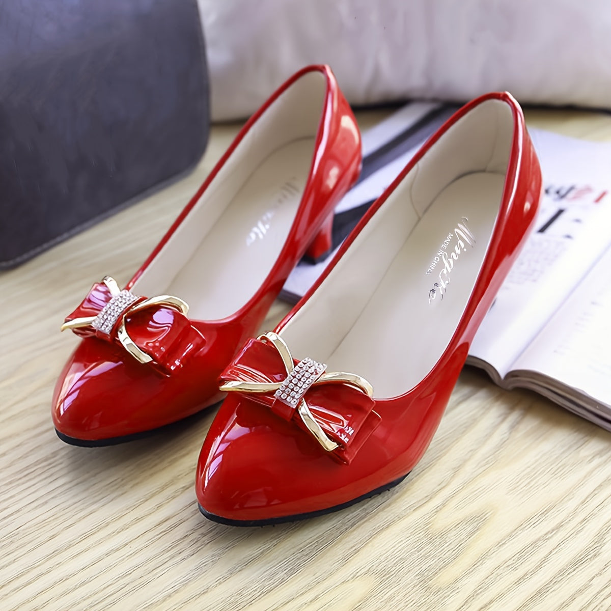 Women's Rhinestone Bow Pumps Chunky Heel Pointed Toe Dress Shoes