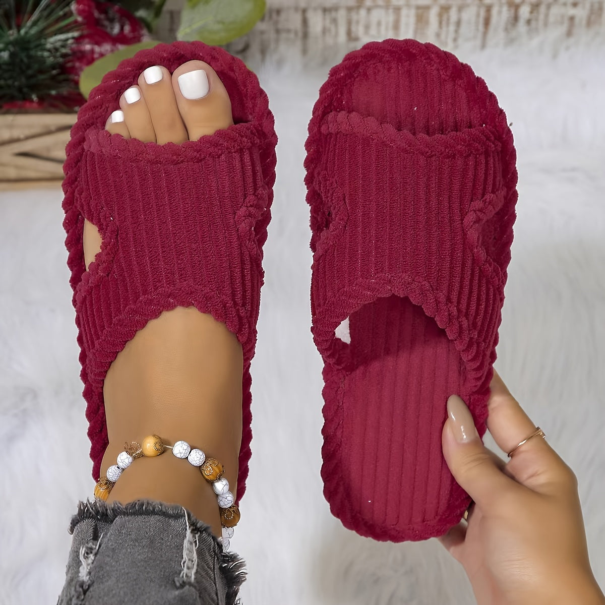 Women's Striped Slippers Soft Fabric Rubber Sole All Seasons